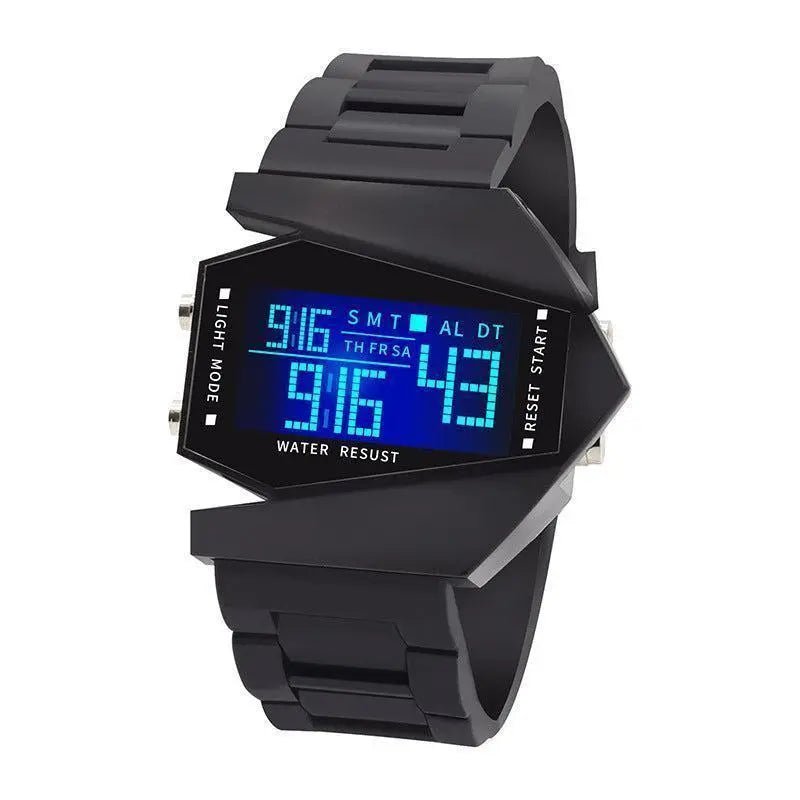 45mm Digital Sports Wrist Watch – Airplane-Shape Design, Bright LEDs, Adjustable Straps, Shiny Gift for Men