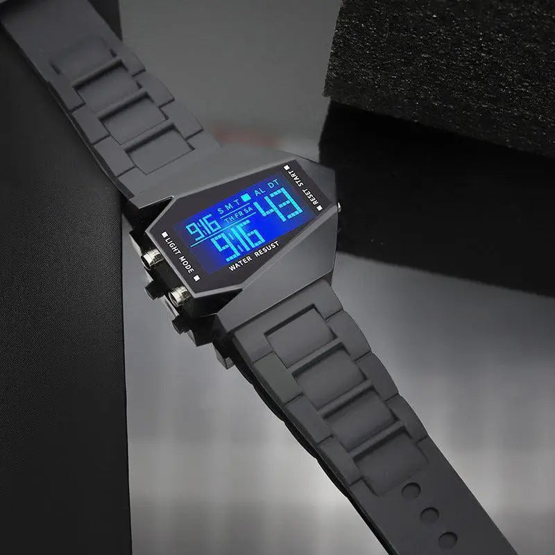 45mm Digital Sports Wrist Watch – Airplane-Shape Design, Bright LEDs, Adjustable Straps, Shiny Gift for Men