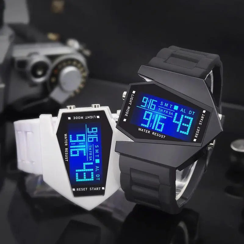 45mm Digital Sports Wrist Watch – Airplane-Shape Design, Bright LEDs, Adjustable Straps, Shiny Gift for Men