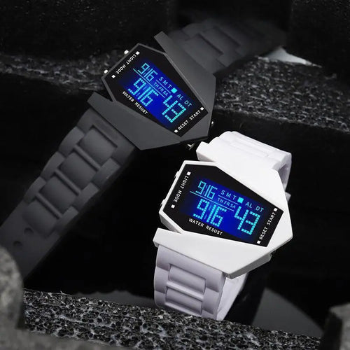 45mm Digital Sports Wrist Watch – Airplane-Shape Design, Bright LEDs, Adjustable Straps, Shiny Gift for Men